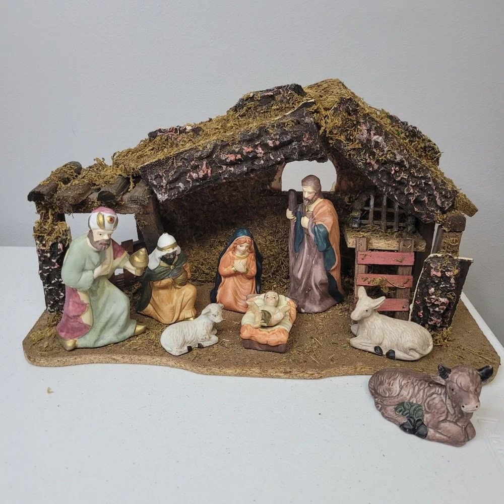 Ceramic Nativity Wooden Moss Manger Religious Scene Handmade Vintage Mixed Race